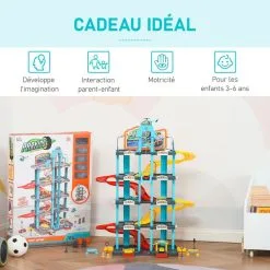 HOMCOM Garage Parking Voitures Enfant - 5 Niveaux, 4 Voitures, 1 Hélicoptère - Ascenseur Manuel, Station-service, Pont élévateur - PP ABS Bleu Rouge Jaune -Jeux d'imitation Soldes B2CD 3970