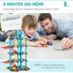 HOMCOM Garage Parking Voitures Enfant - 5 Niveaux, 4 Voitures, 1 Hélicoptère - Ascenseur Manuel, Station-service, Pont élévateur - PP ABS Bleu Rouge Jaune -Jeux d'imitation Soldes B2CD 3971