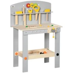 HOMCOM Etabli Et Outils Pour Enfant - Jeu D'imitation Bricolage - Nombreux Accessoires 31 Pièces & Outils Variés - MDF Gris Bois Pin