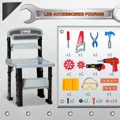 HOMCOM Etabli Et Outils Pour Enfant - Jeu D'imitation Bricolage - Nombreux Accessoires Plus De 79 Pièces & Outils Variés - PP Noir Gris -Jeux d'imitation Soldes B2CD 760